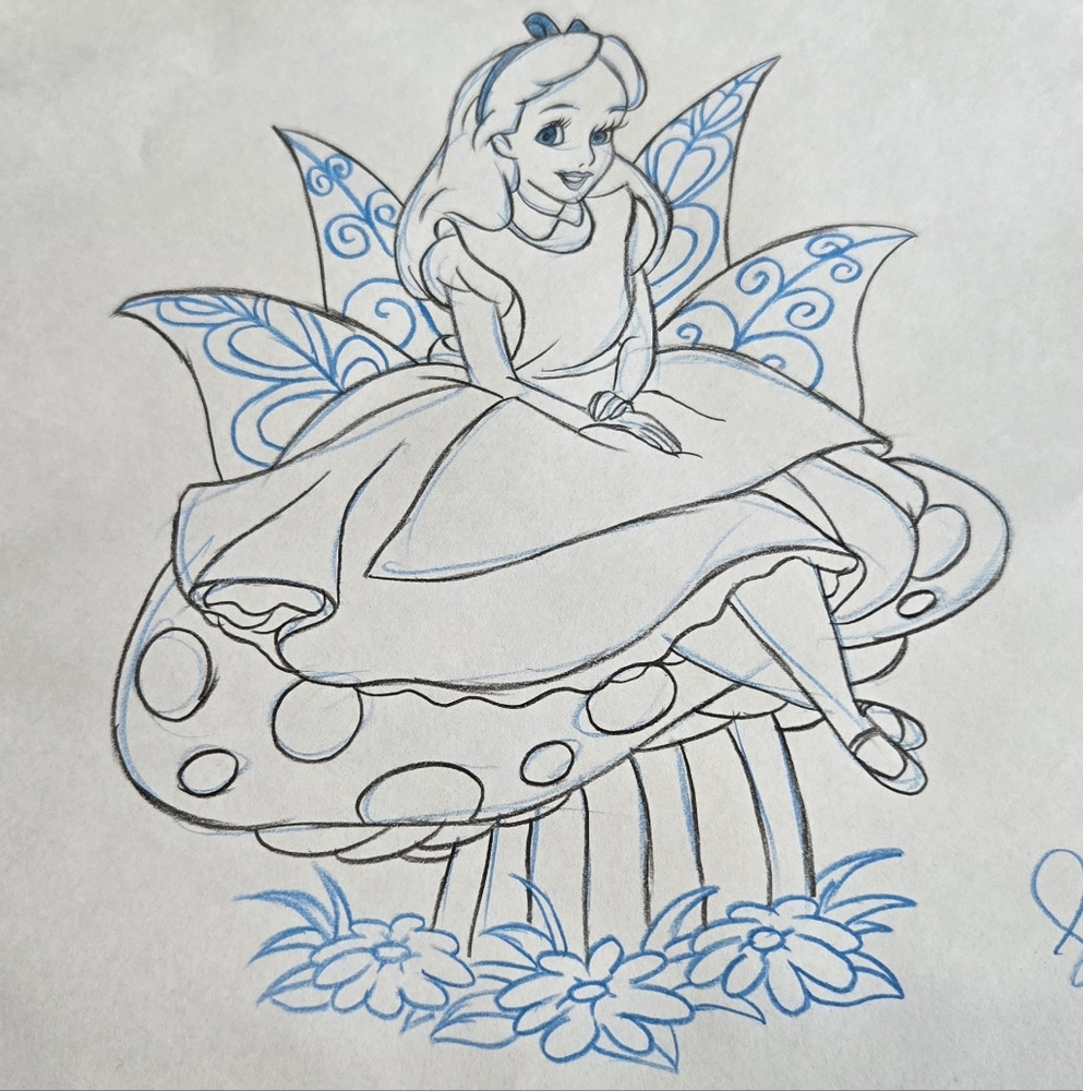 Disney Parks Alice in Wonderland Sketch Drawing Artwork Signed with EPCOT Stamp